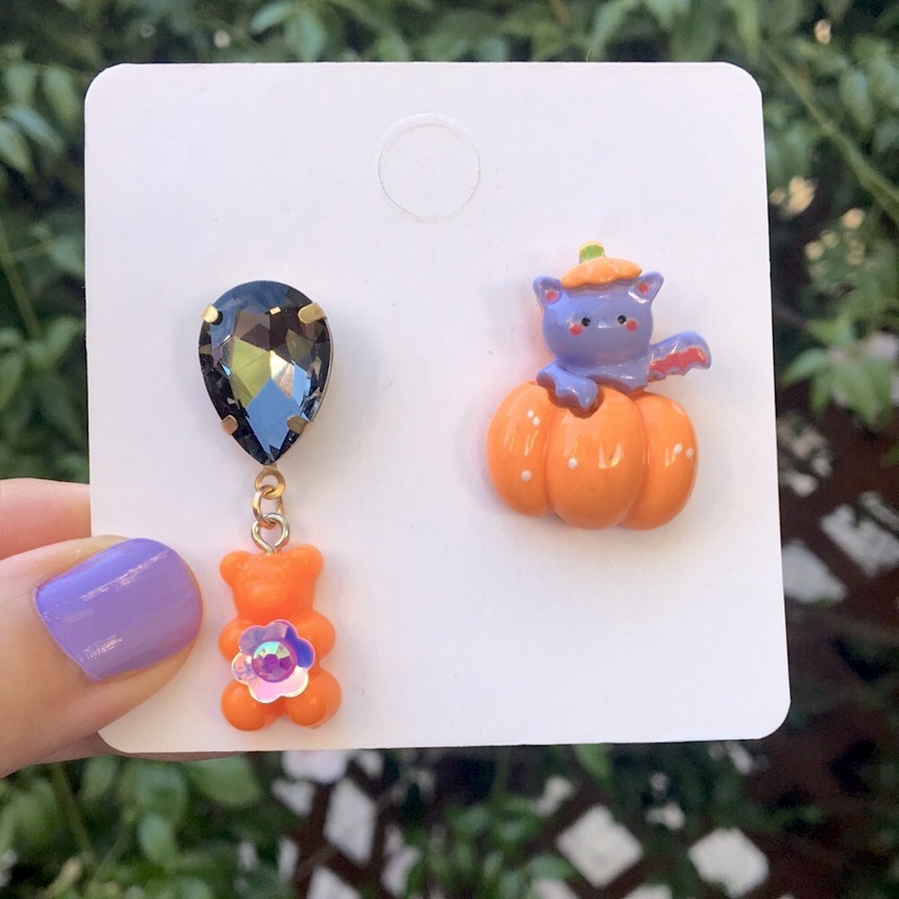 Black Diamond Crystal, Gummy Bear + Cat Pumpkin Halloween Drop Earrings View 5
